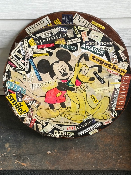 Source Unknown Other - Vintage Mickey Mouse Pluto Wooden Reel Collage Wall Art Tabletop Disney Folk Art